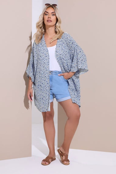 Yours Curve Blue Ditsy Floral Crochet Kimono