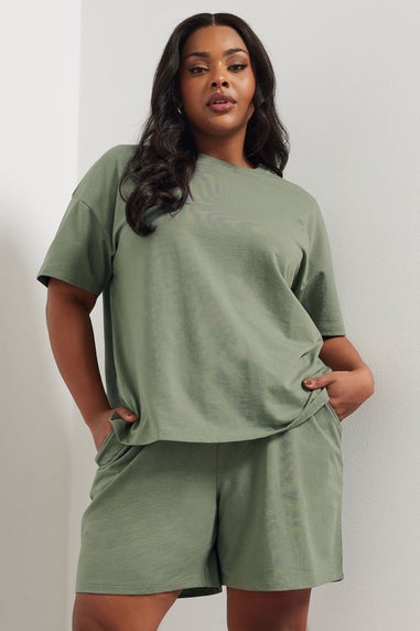 Yours Curve Khaki Green Sweat Jersey T-Shirt & Shorts Set