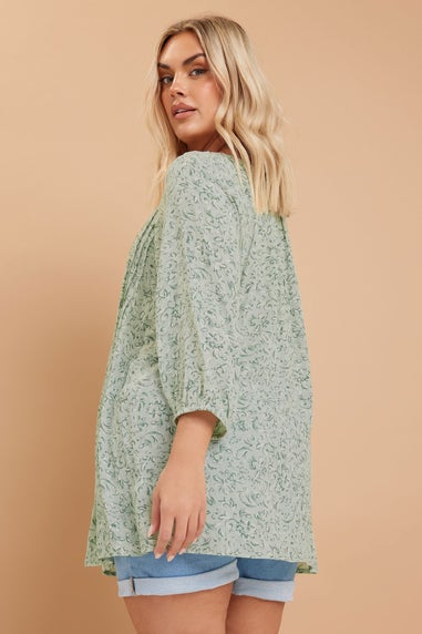 Yours Curve Sage Green Floral Paisley Print Tie Neck Top