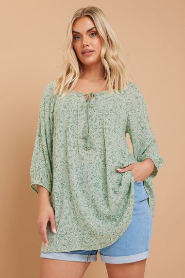 Yours Curve Sage Green Floral Paisley Print Tie Neck Top