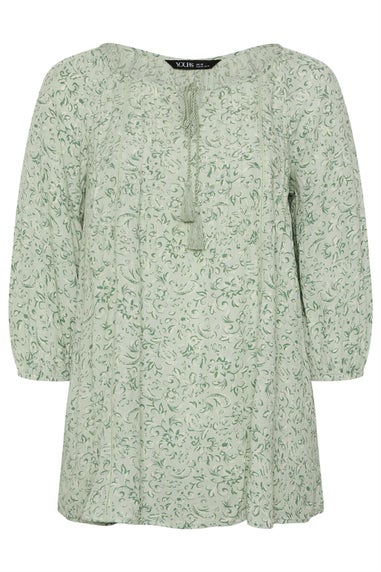 Yours Curve Sage Green Floral Paisley Print Tie Neck Top