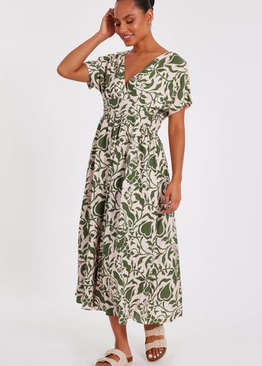 Quiz Khaki Tropical Print Midaxi Dress