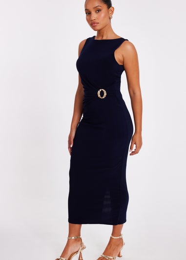 Quiz Navy Petite Buckle Detail Midi Dress