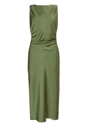 Quiz Khaki Petite Satin Ruched Midi Dress