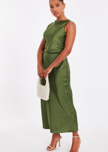 Quiz Khaki Petite Satin Ruched Midi Dress