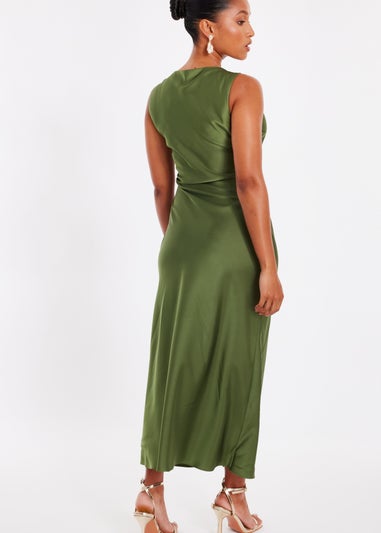 Quiz Khaki Petite Satin Ruched Midi Dress