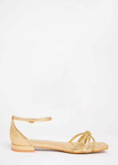 Quiz Gold Wide Fit Knot Front Sandals