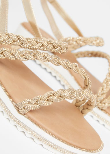 Quiz Gold Wide Fit Diamante Flat Sandals