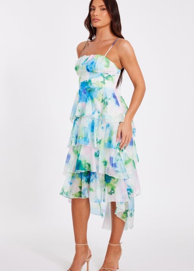 Quiz Blue Floral Tiered Midi Dress