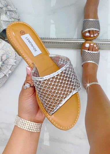 Love Lemonade Silver Crystal Gem Mesh Sliders