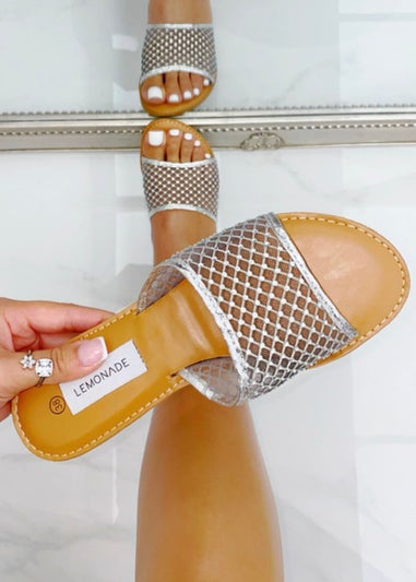 Love Lemonade Silver Crystal Gem Mesh Sliders