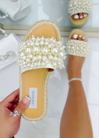 Love Lemonade White Sparkly Deluxe Pretty Pearl Platform Sliders