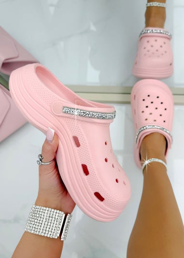 Love Lemonade Pink Crystal Strap Platform Crox Clogs