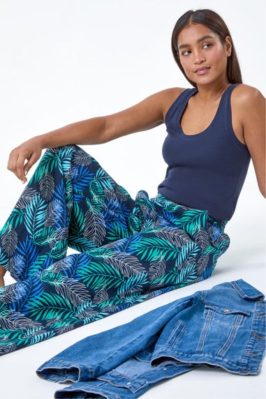 Roman Blue Leaf Linen Blend Wide Leg Trousers