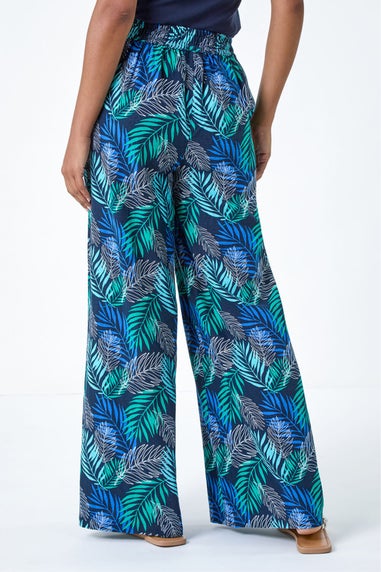 Roman Blue Leaf Linen Blend Wide Leg Trousers