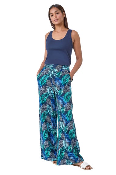 Roman Blue Leaf Linen Blend Wide Leg Trousers