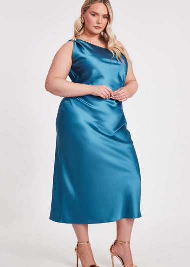 Quiz Turquoise Curve Satin One Shoulder Midaxi Dress