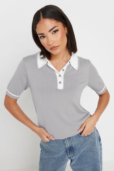 Pixiegirl Petite Grey Knit Contrast Polo Shirt