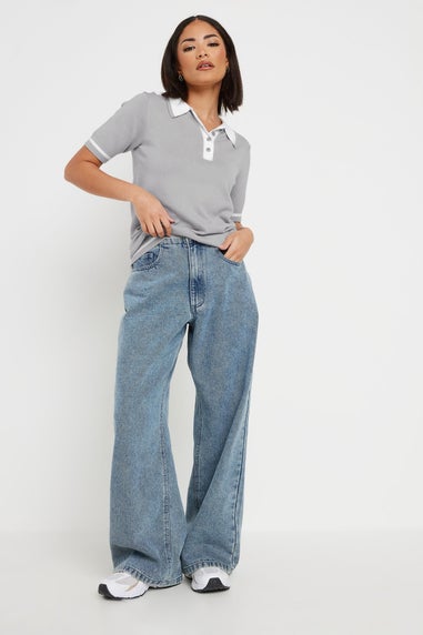Pixiegirl Petite Grey Knit Contrast Polo Shirt