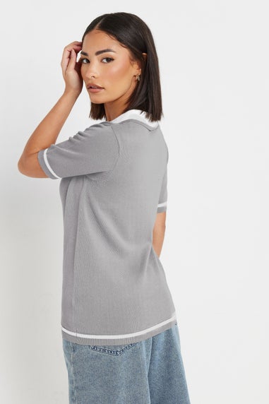 Pixiegirl Petite Grey Knit Contrast Polo Shirt