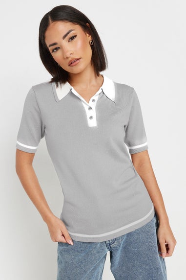 Pixiegirl Petite Grey Knit Contrast Polo Shirt