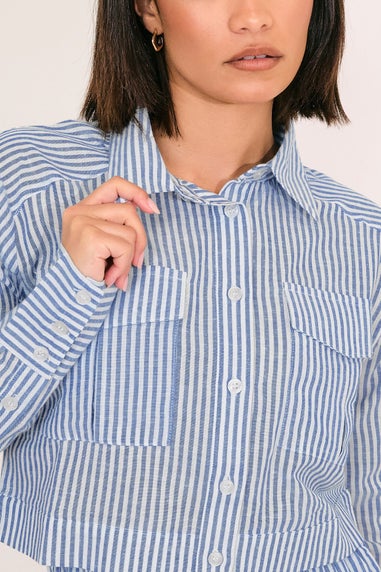 Pixiegirl Blue Linen Striped Pocket Shirt