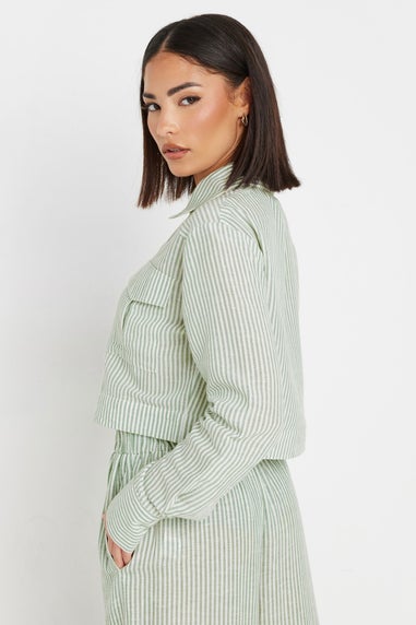 PixieGirl Petite Green Linen Striped Pocket Shirt
