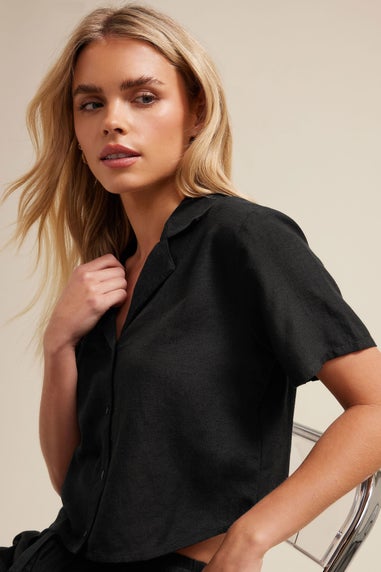 PixieGirl Petite Black Linen Cropped Short Sleeve Shirt
