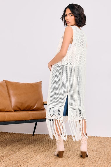 PixieGirl Petite Ivory White Crochet Longline Waistcoat