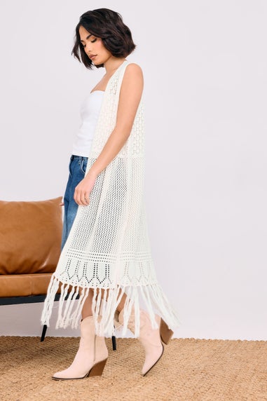 PixieGirl Petite Ivory White Crochet Longline Waistcoat