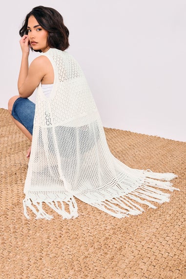 PixieGirl Petite Ivory White Crochet Longline Waistcoat