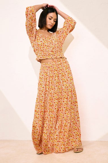Pixiegirl Orange Ditsy Floral Puff Sleeve Top