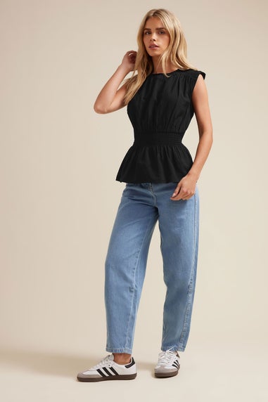 PixieGirl Petite Black Woven Shirred Waist Top