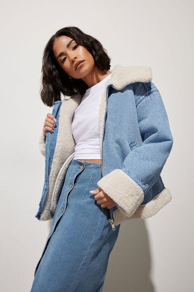 Pixiegirl Light Blue Denim Borg Zip Jacket