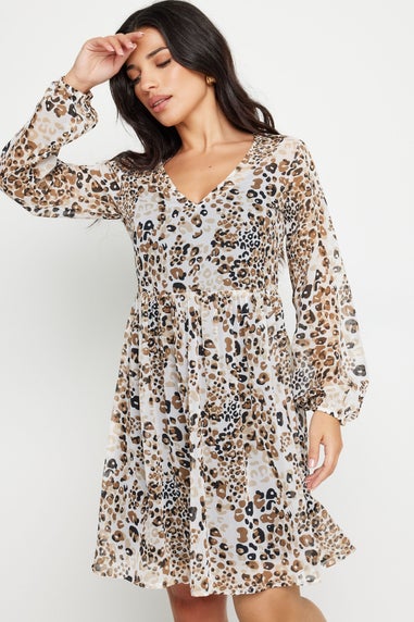 PixieGirl Petite Brown Leopard Print Smock Mini Dress