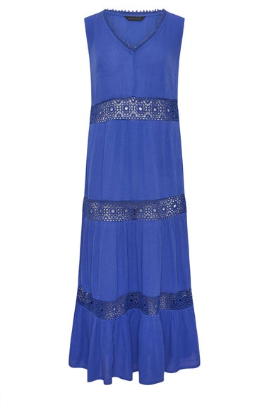 PixieGirl Petite Blue Crochet Trim Tiered Maxi Dress