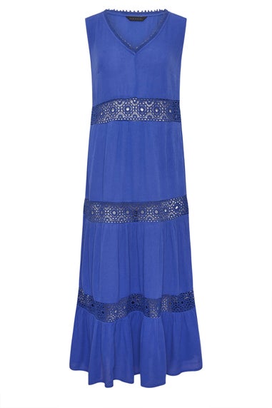 PixieGirl Petite Blue Crochet Trim Tiered Maxi Dress