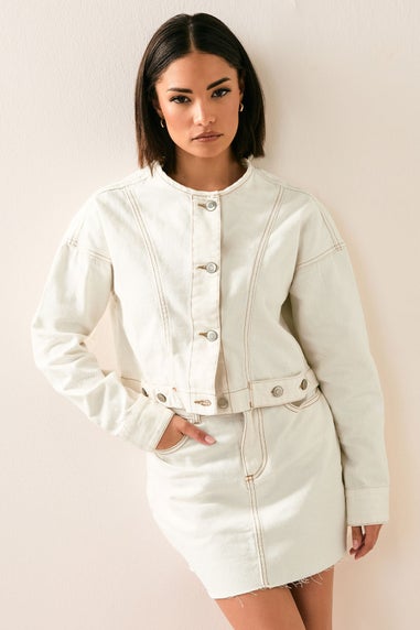 Pixiegirl Cream Denim Contrast Stitch Collarless Jacket