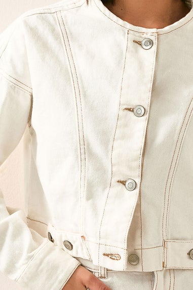 Pixiegirl Cream Denim Contrast Stitch Collarless Jacket