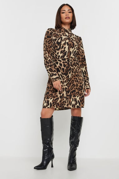 Pixiegirl Petite Beige Brown Leopard Print Shirt Dress