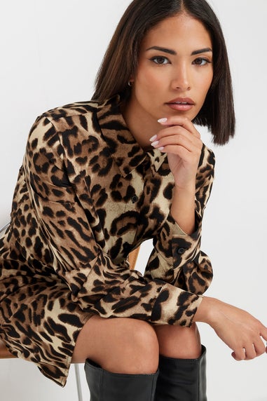 Pixiegirl Petite Beige Brown Leopard Print Shirt Dress