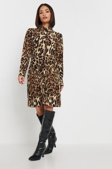 Pixiegirl Petite Beige Brown Leopard Print Shirt Dress