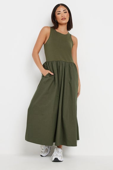 PixieGirl Petite Khaki Green Jersey & Woven Mix Fabric Midaxi Dress