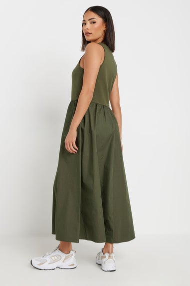PixieGirl Petite Khaki Green Jersey & Woven Mix Fabric Midaxi Dress