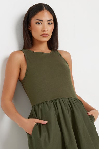 PixieGirl Petite Khaki Green Jersey & Woven Mix Fabric Midaxi Dress