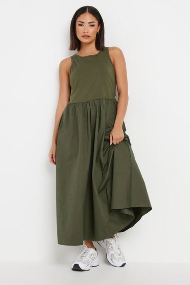 PixieGirl Petite Khaki Green Jersey & Woven Mix Fabric Midaxi Dress