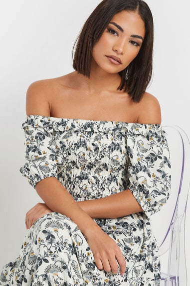 Pixiegirl White Paisley Floral Tiered Bardot Dress