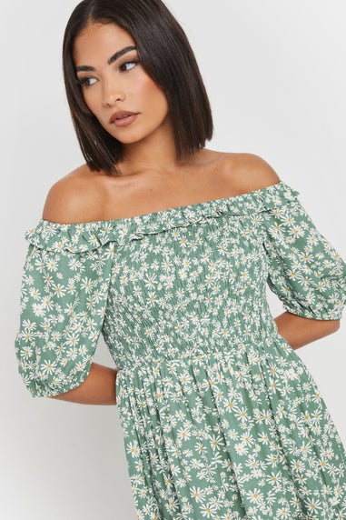 Pixiegirl Green Daisy Tiered Bardot Dress