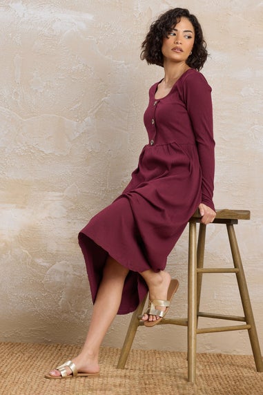 PixieGirl Petite Burgundy Red Ribbed Button Midaxi Dress