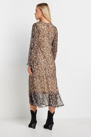 PixieGirl Petite Beige Brown Leopard Print Mesh Tiered Dress